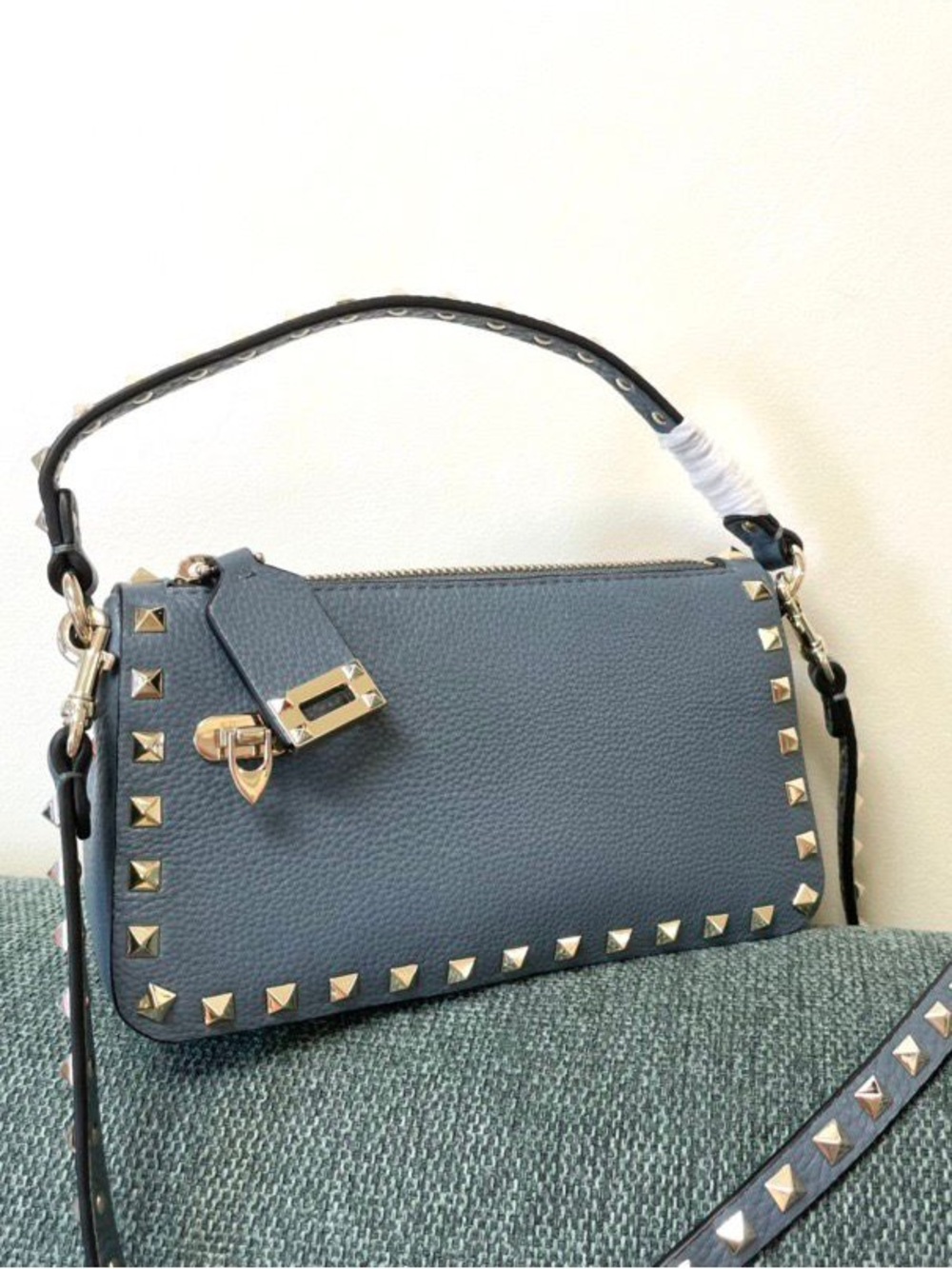 Stud-Trim Pebbled Leather Top-Handle Bag in Slate Blue
